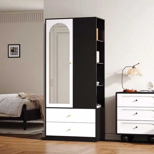 Armadio moderno con specchio e cassetti in MDF bianco e nero L: 80 cm, P: 40 cm, H: 180 cm