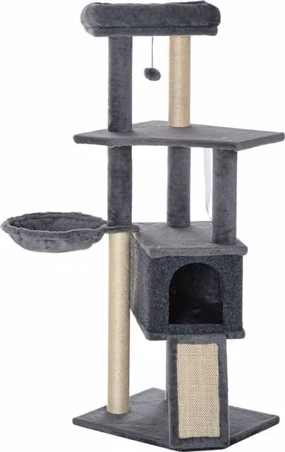 Albero Tiragraffi per Gatti PawHut con Pali in Sisal, Amaca, Cuccia e Giochi Integrati, Altezza: 127 cm, Grigio
