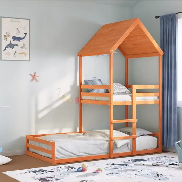 vidaXL Letto a Castello per Bambini con Struttura a Casetta in Legno di Pino Massello Marrone e Finitura Cerata L/P: 80 x 200 cm