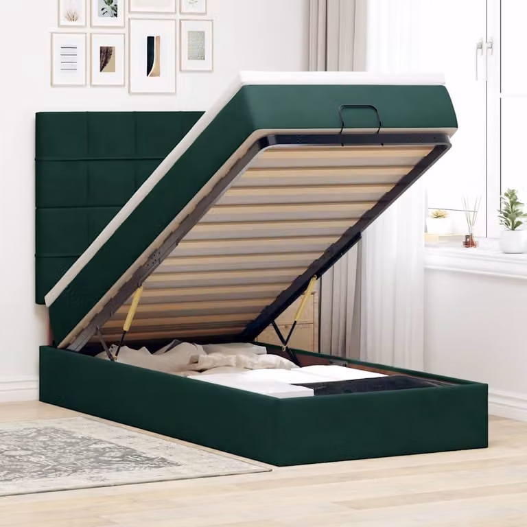 Letto con contenitore a sollevamento vidaXL in velluto verde e bianco con materasso, illuminazione sottostante e porta USB, L: 90 cm, P: 190 cm, H: 128 cm