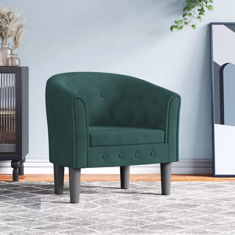 Poltrona Cabriolet moderna vidaXL in velluto verde scuro con braccioli e struttura in legno e plastica, L: 68 cm, P: 70 cm, H: 56 cm