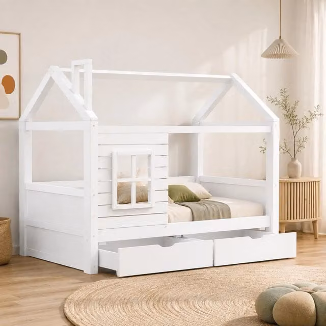 Letto a casetta Mivray per bambini in legno di pino bianco con cassetti, finestre e rete a doghe inclusa L/P: 200 x 90 cm