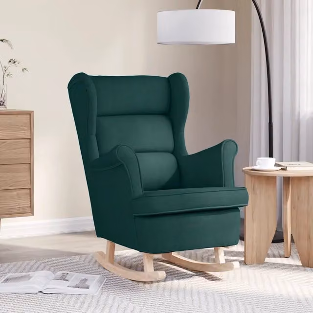 Sedia a dondolo vidaXL in tessuto verde con braccioli e struttura in legno di gomma L: 74 cm, P: 90 cm, H: 102 cm