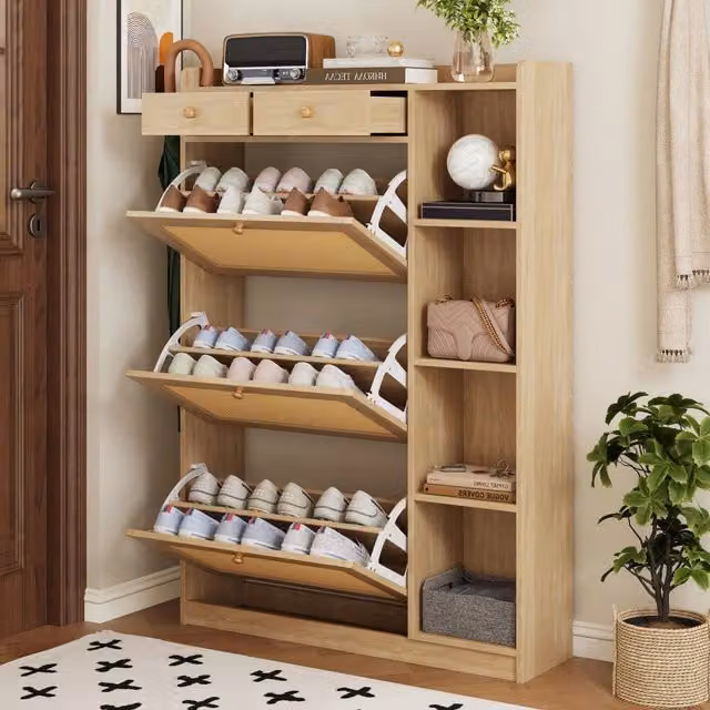 Scarpiera SINGULARTY con scomparti ribaltabili, cassetti e ripiani aperti, colore beige e marrone, L: 90 cm, P: 24 cm, H: 130 cm