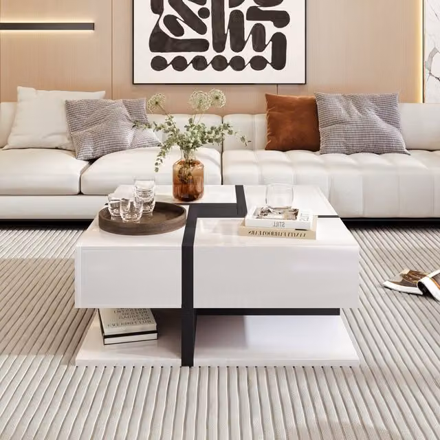 Tavolino da Salotto Quadrato Moderno con 4 Cassetti e Spazio Portaoggetti, Design Lucido Bianco Aosom