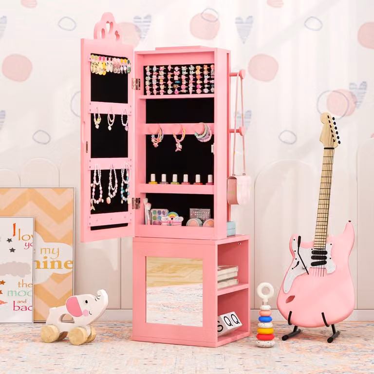 Armadio 3 in 1 Costway per bambine con specchio a figura intera e appendiabiti, colore rosa