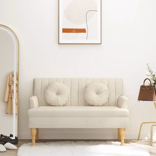 Panca con cuscini vidaXL in tessuto beige con struttura in legno e MDF L/P/H: 113 x 64,5 x 75,5 cm