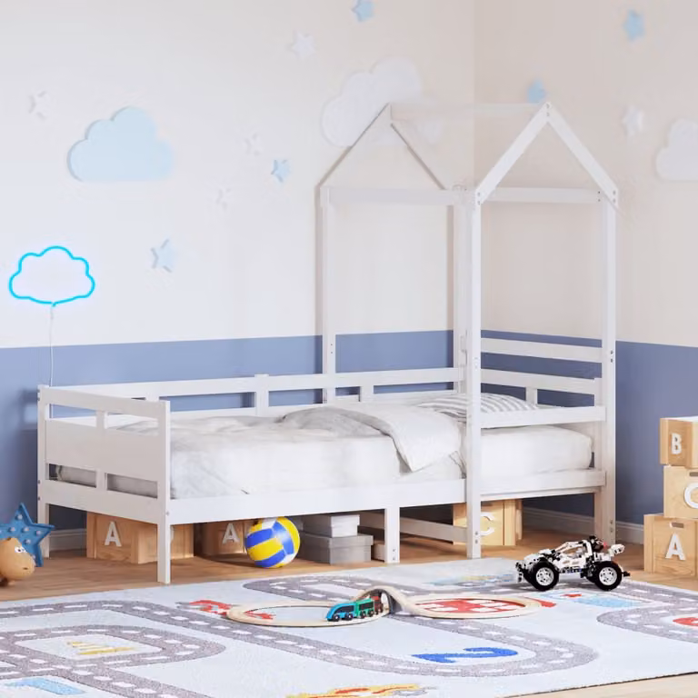 vidaXL Letto a casetta per bambini in legno massello di pino bianco L 200 x P 80 x H 103,5 cm