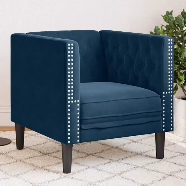 Poltrona Chesterfield in Velluto Blu con Braccioli e Struttura in Legno