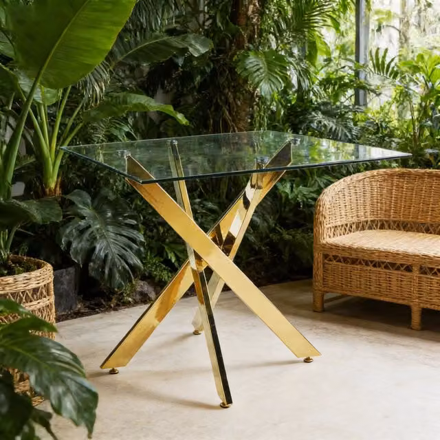 Tavolo da pranzo moderno Zephmum quadrato con piano in vetro trasparente e base a X in metallo dorato L/P/H: 80 x 80 x 75 cm
