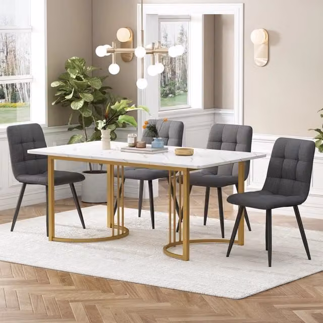 Set tavolo da pranzo e 4 sedie MIVRAY moderno con piano in MDF bianco lucido e sedie in lino imbottite L/P/H: 140 x 80 x 75 cm