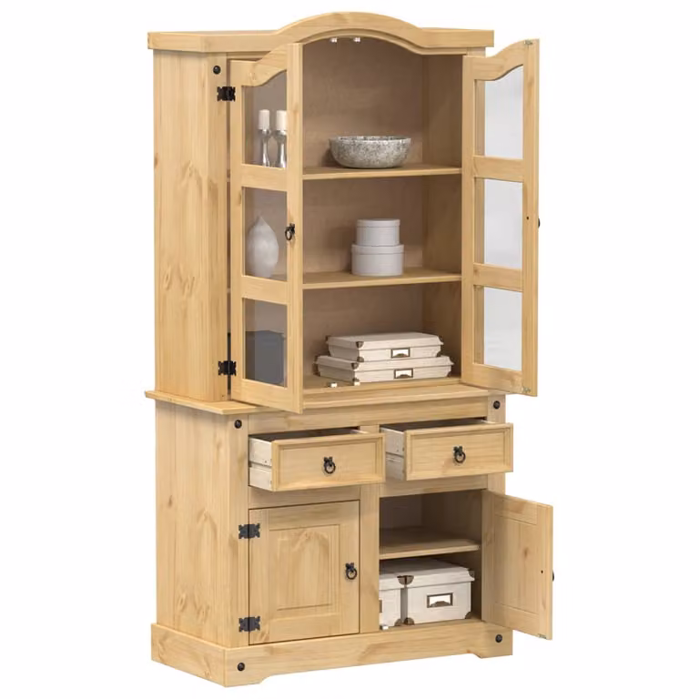 Vetrina Corona vidaXL in legno massello di pino con ante in vetro, stile rustico, colore marrone/beige, L 100 cm x P 48,5 cm x H 179 cm