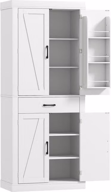 Dispensa da cucina HOMCOM in stile country con 2 armadietti, 6 ripiani e cassetto, in legno, Bianco, L: 76 cm, P: 39.5 cm, H: 183.5 cm