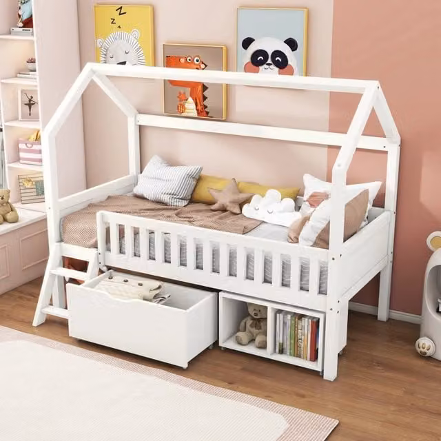 Letto a casetta singolo OKWISH in legno di pino bianco con cassetti e scaletta, L/P: 90 x 200 cm