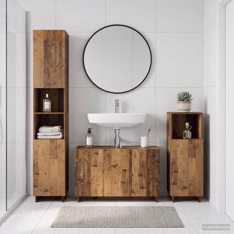 Set mobili da bagno moderni vidaXL in legno marrone composto da 3 pezzi con base lavabo, colonna alta e mobile laterale