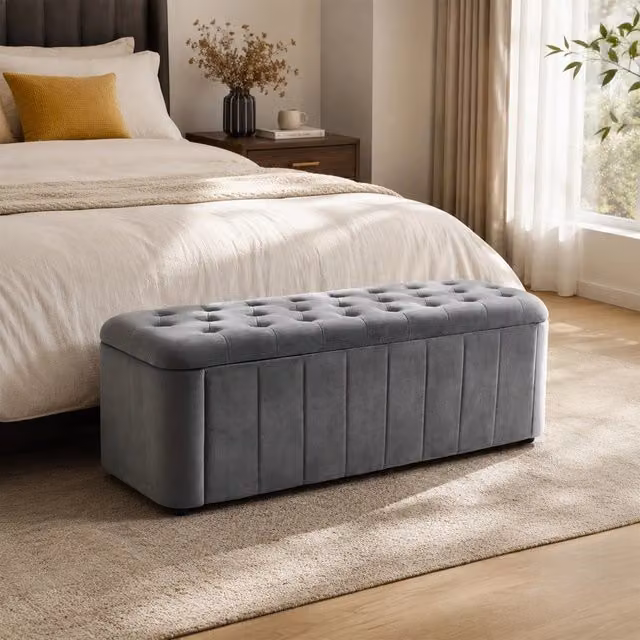 Panca imbottita in velluto con vano contenitore Minimal grigia L: 120 cm, P: 45 cm, H: 40 cm