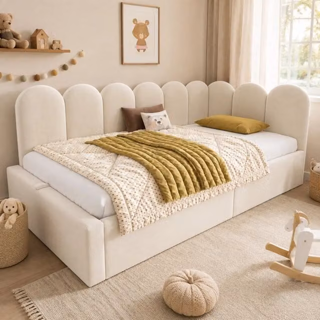 Letto contenitore Mivray imbottito in velluto beige con rete a doghe e sistema a sollevamento idraulico L/P/H: 210 x 90 x 97 cm