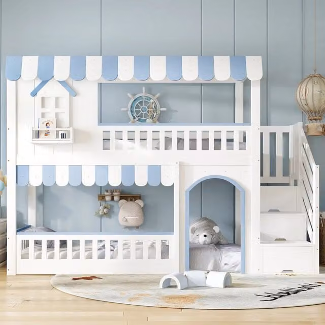 Letto a castello per bambini REDOM in legno e MDF, colore bianco e blu, con scala contenitore e vani laterali, dimensioni: 90 x 200 cm