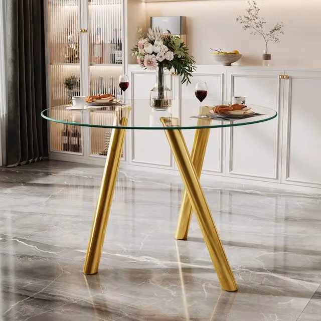 Tavolo da pranzo rotondo OKWISH in vetro temperato trasparente con gambe in metallo dorato, L/P/H: 89 x 89 x 76 cm