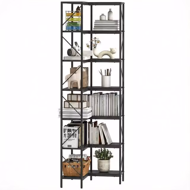 Libreria Angolare Minimal in Stile Industriale con 7 Ripiani, Effetto Legno e Metallo Nero, H 198 x L 60 x P 60 cm