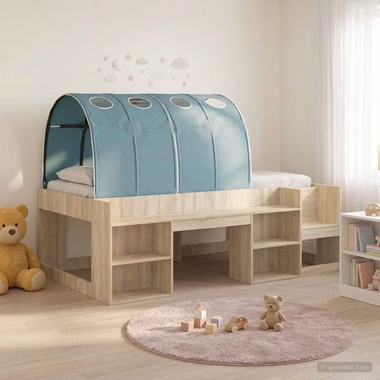 Letto per bambini vidaXL con struttura a casetta, tunnel e scaffale, Rovere e Azzurro, 90 x 190 cm