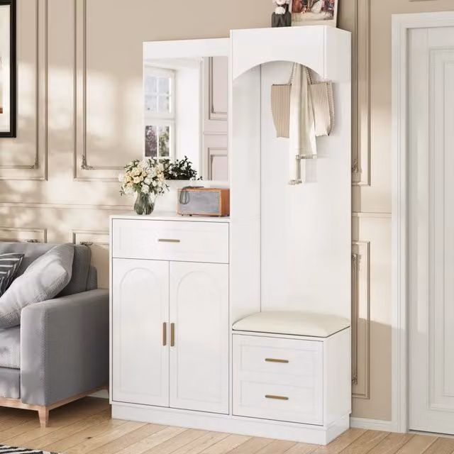 Set di mobili da ingresso MIVRAY moderno con scarpiera, guardaroba, specchio, panca e ripiani regolabili, bianco, L/P/H: 110 x 33 x 185.5 cm