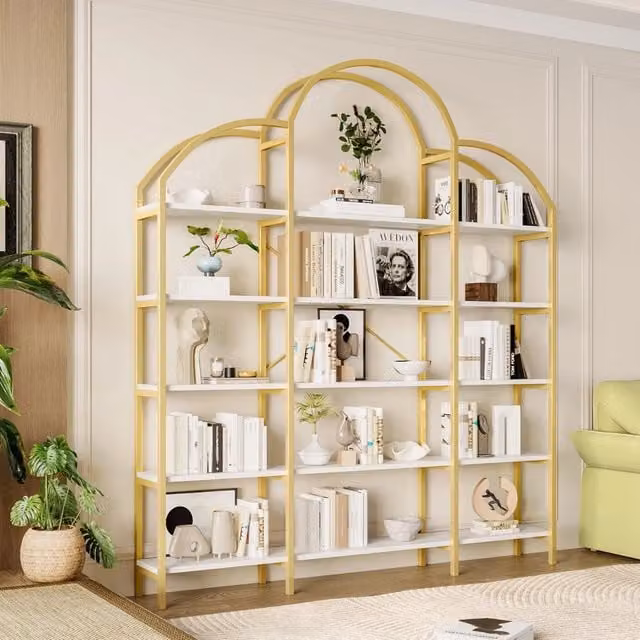 Scaffale da terra WISHDOR con 5 ripiani in MDF e metallo, design moderno a nuvola, colore oro e bianco, L: 170 cm, P: 26 cm, H: 190 cm