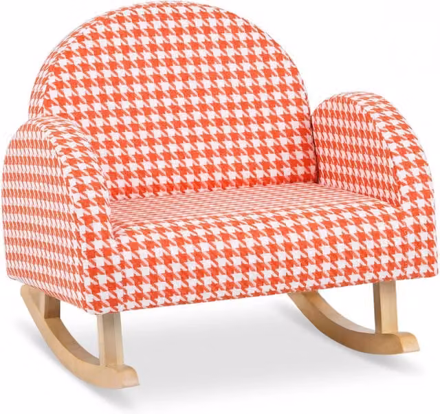Sedia dondolo per bambini in velluto arancione con gambe in legno e braccioli