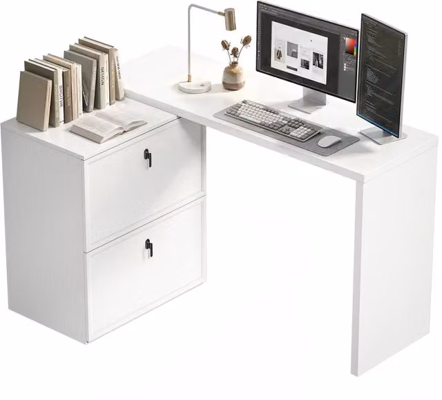 Scrivania Angolare Moderna Zephmum con 2 Cassetti Bianco L 90 cm x P 50 cm x H 75 cm