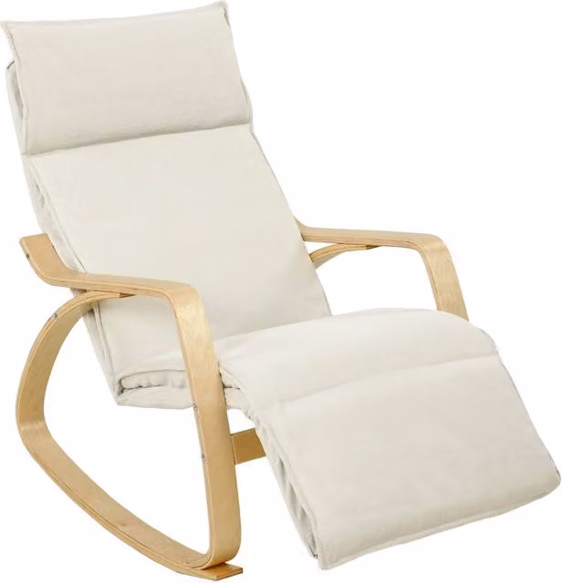 Sedia a dondolo Chicfurn con poggiapiedi regolabile e braccioli in tessuto beige e legno di betulla L: 120 cm, P: 106 cm, H: 92 cm
