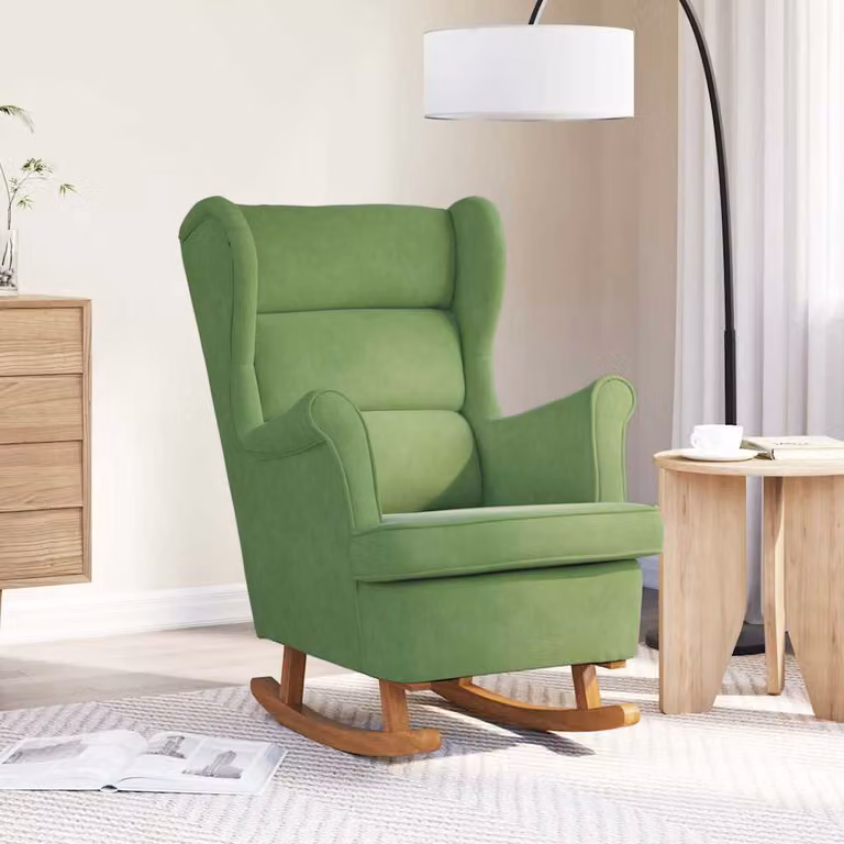 vidaXL Sedia a dondolo con schienale alto in velluto verde chiaro con braccioli e struttura in legno