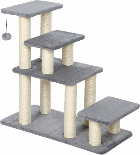 Scala per gatti PawHut regolabile con 4 gradini in sisal, gioco integrato e tiragraffi, Grigio, L 70 x P 32 x H 68 cm