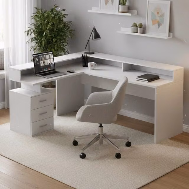 Scrivania angolare Leonilda DMORA, scrittoio moderno bianco con sopralzo per ufficio o casa, L: 180 cm, P: 90 cm, H: 160 cm