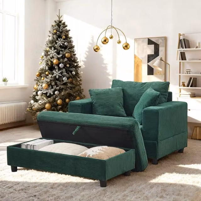 Chaise longue FOLYNA con vano contenitore e funzione letto in velluto a coste verde smeraldo con 3 cuscini