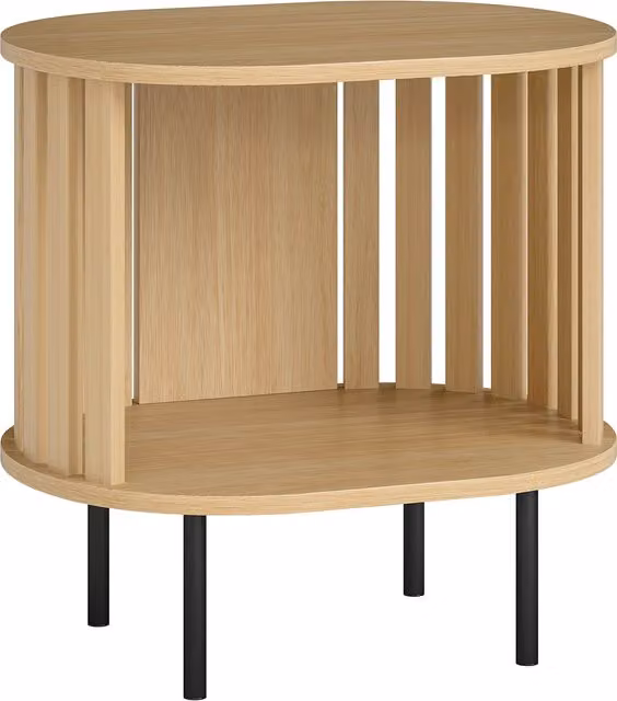 Tavolino da salotto ovale HOMCOM in legno naturale e acciaio con design a doghe e vano aperto, L: 50 cm, P: 39 cm, H: 50 cm