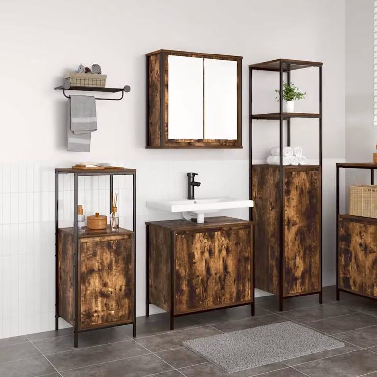 Set di mobili per il bagno moderno vidaXL in 3 pezzi, colore marrone e nero, con struttura in legno e metallo, L: 165,0 cm, P: 44,45 cm, H: 36,0 cm