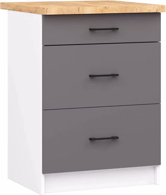 Mobile cucina modulare AKORD OLIWIA con piano di lavoro, 3 cassetti e ante a battente, Bianco e Grigia Grafite, L: 60 cm, P: 46 cm, H: 85 cm