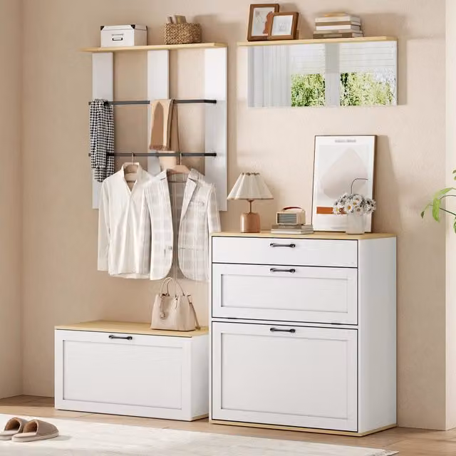 Set ingresso modulare WISHDOR con scarpiera, panca, specchio e appendiabiti, L/P/H: 156 x 36 x 176 cm, bianco e legno naturale