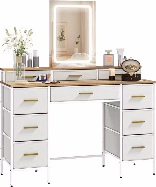 Scrivania da trucco Zephmum con specchio e luci LED, colore naturale, L: 118.5 cm, P: 39.5 cm, H: 140 cm