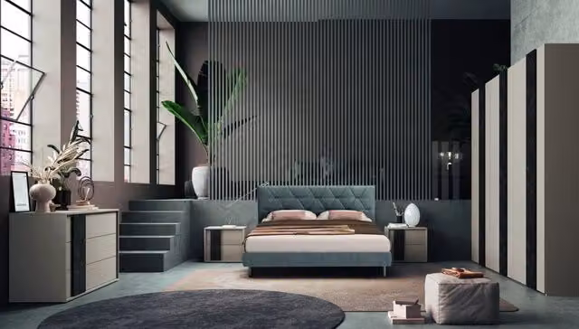 Set camera da letto Moni Effezeta Italia in legno frassino con dettagli in marmo nero e tessuto, colori beige, grigio e nero