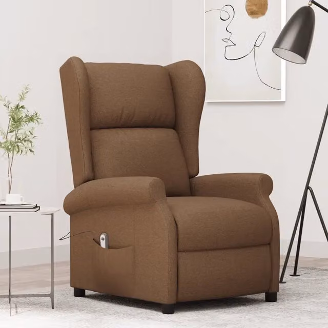 Poltrona ad ala reclinabile elettrica vidaXL in tessuto marrone con struttura in legno e metallo