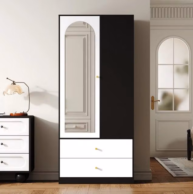 Armadio moderno con specchio e ante soft-close bianco e nero L 80 cm, P 40 cm, H 180 cm