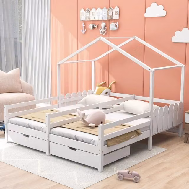 Letto a casetta REDOM per bambini in legno di pino bianco con 2 cassetti L/P/H: 208 x 90 x 188,5 cm