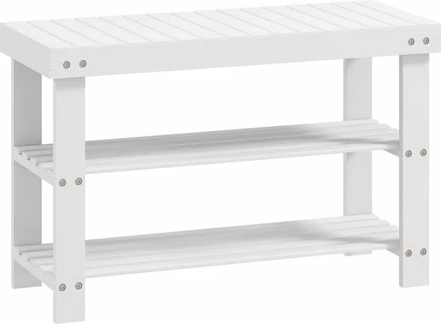 Panca Scarpiera Bassa HOMCOM in Bambù con 2 Ripiani a Doghe e Seduta, Colore Bianco, L: 70 cm, P: 28 cm, H: 45 cm