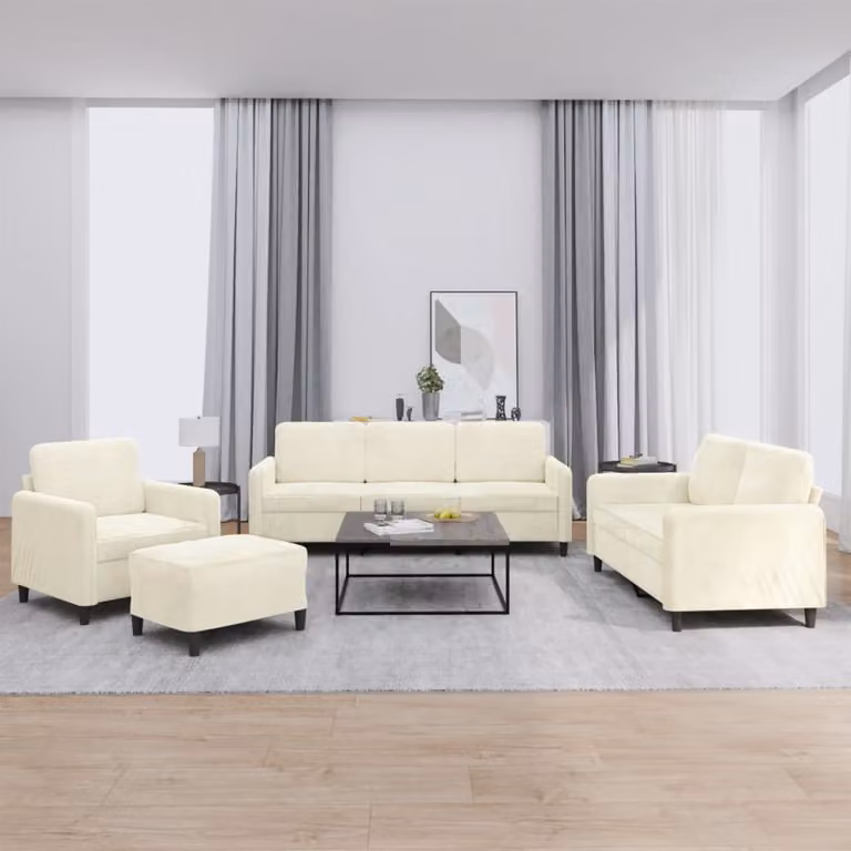 Set di divani moderno vidaXL in velluto beige composto da un divano a 3 posti, un divano a 2 posti, un pouf e cuscini coordinati