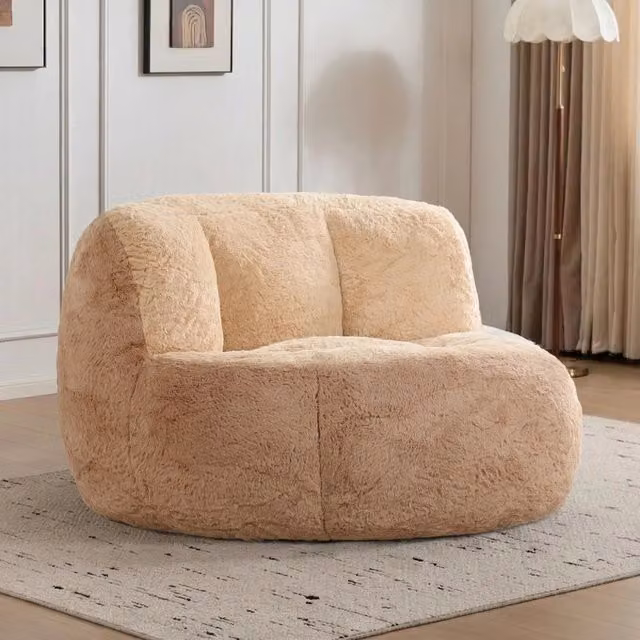 Poltrona sacco XXL Xylo in pelliccia sintetica con imbottitura in memory foam sminuzzata, Marrone Cammello e Beige