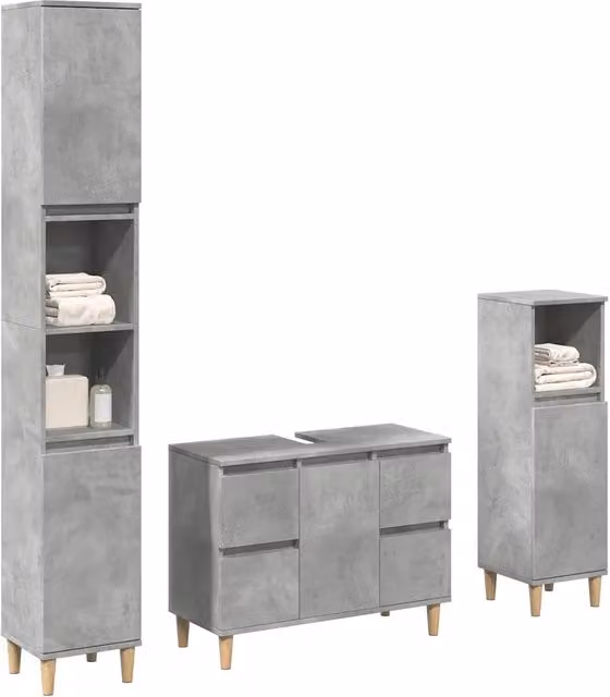 Set di mobili da bagno moderno vidaXL in legno grigio composto da 3 pezzi con base lavabo, mobile alto e mobile laterale sospeso