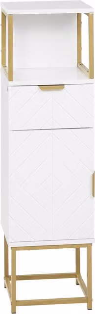 Colonna bagno salvaspazio kleankin con armadietto, cassetto e ripiano aperto in legno e metallo, Bianco e Oro, L/P/H: 30 x 30 x 105 cm