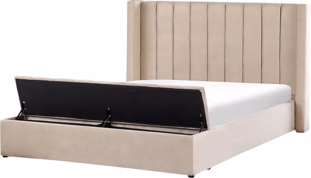 Letto matrimoniale ad acqua BELIANI in velluto beige con cassapanca e scomparti laterali L/P/H: 200 x 180 x 247 cm