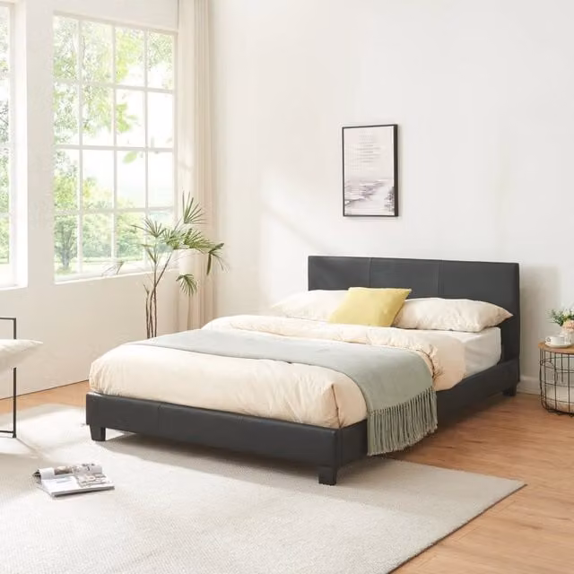 Letto Francese Corium con Testiera Alta e Rivestimento in Similpelle Nero L/P: 140 x 200 cm